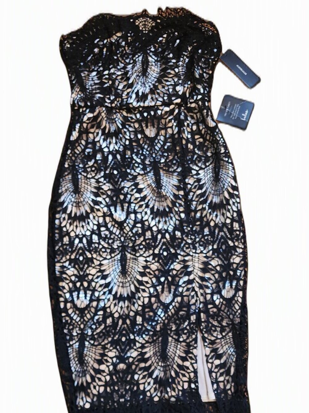 NWT Lulus Cocktail Dress Nude Satin Under with Black Lace Over, Size S
